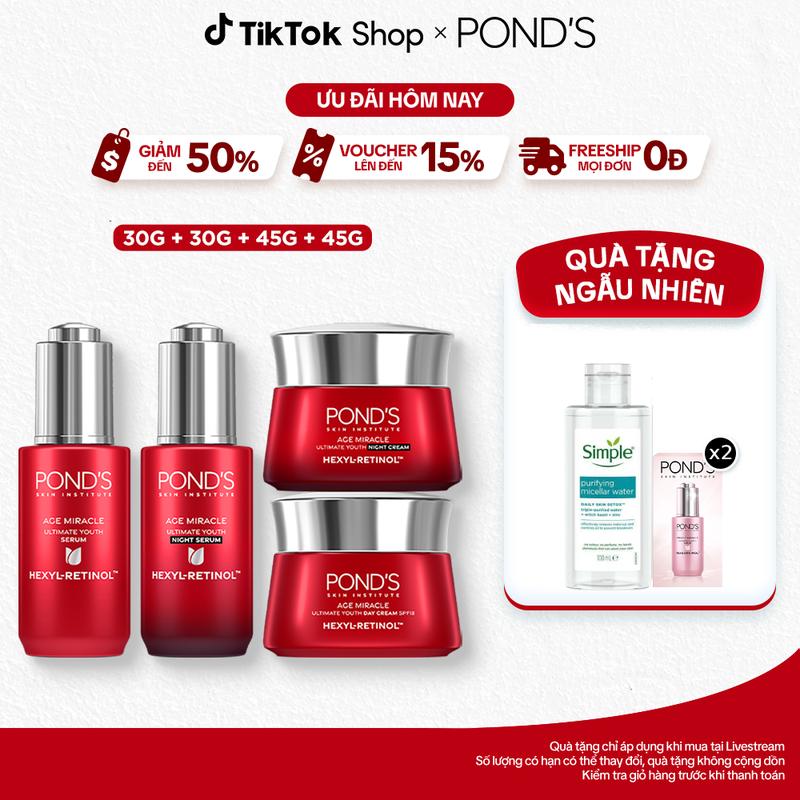 [1] Bộ Skincare 2 Serum và 2 Kem Dưỡng Ngày & Đêm Pond's Age Miracle Hỗ Trợ Mờ Đốm Nâu, Nếp Nhăn với 50X Hexyl-Retinol 30G+30G+45G+45G Nữ