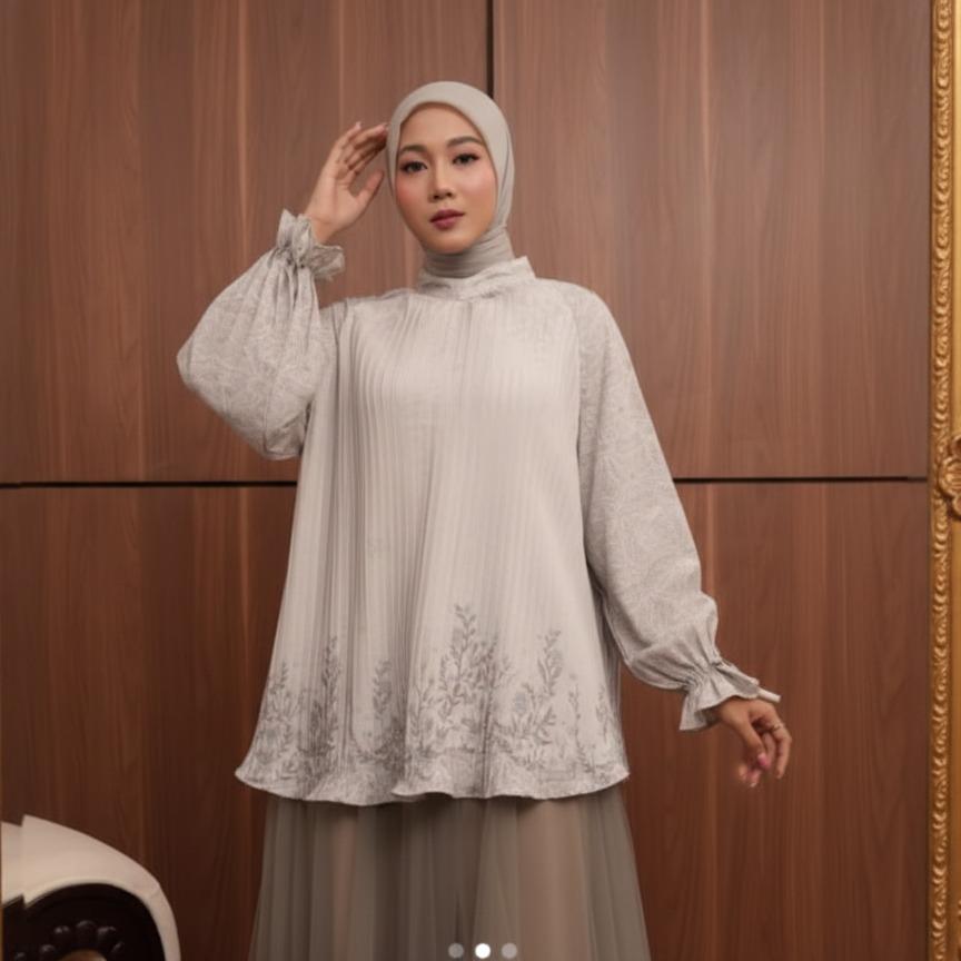 MIZURA BLOUSE A271b Atasan Wanita Lipit Motif Bunga Elegan Kekinian