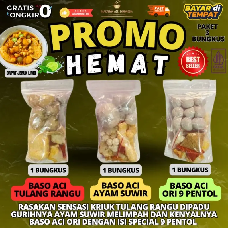 Bundling 3 Bks 10 Ribu, Baso aci 1 Tulang rangu +1Ayam Suwir+1 Ori viral murah enak lezat maknyoss makanan pedas bisa di atur kuah instant food paket jajanan gratis ongkir Rp0 Bakso Instan Bawang Seblak Soto