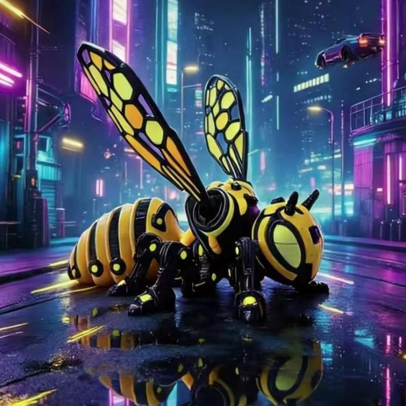 Robot ong 3D in 3D phong cách Cyberpunk, khớp nối cơ khí, cánh có thể tháo rời,…