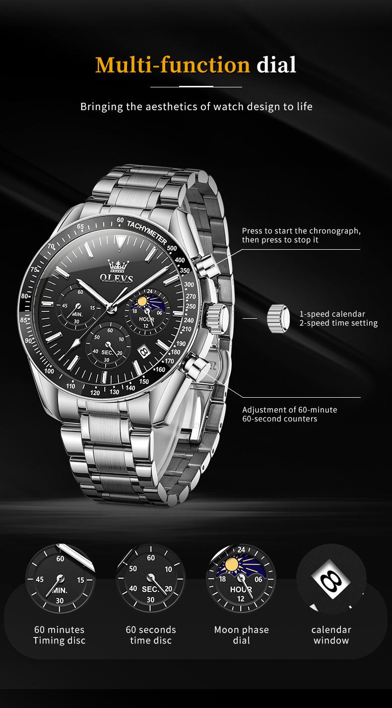 Product Introduction of OLEVS Men's Multifunction Steel Watch | Swiss Quartz + Sapphire Glass | 30M Waterproof & Luminous Dial | Business Minimalist Model 3618 5
