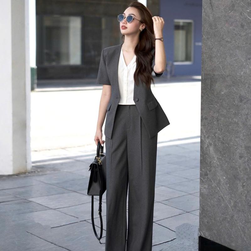Sét Công Sở Thiết Kế Hà Anh áo gile tay lửng may liền sơ mi kiểu dáng công sở  phối quần suông phù hợp mặc đi làm , đi chơi K79