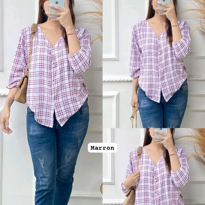 Blouse Kancing Wanita Motif Kotak Ceyflow kringkel Santai 3