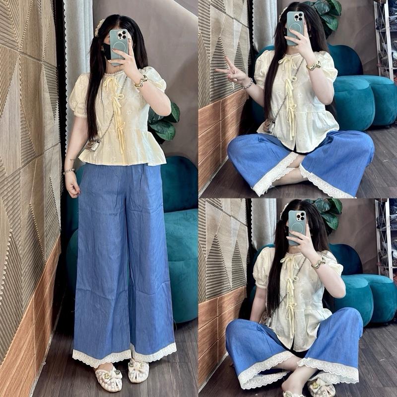   1m62 đổ lại mang đẹp . Set áo đũi in hoa màu kem  quần jean ống rộng  89cm  may ren lưng thun Top Women Nữ dothudong 
