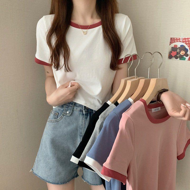 Product Introduction of Áo Lớp Nền Mùa Hè, Hàng Mới Về, Phong Cách Hàn Quốc, Ôm Sát, Ngắn, Áo Sơ Mi Học Sinh, Hợp Xu hướng, Màu Tương Phản, Cổ Tròn, Áo Thun Ngắn Tay, Dành Cho Nữ 4