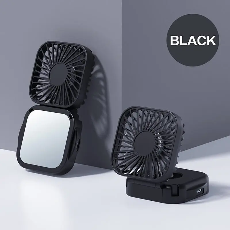 Kipas Angin Portable Mini Lipat USB Rechargeable CERMIN Mirror Pocket Fan Kantor Desktop Square Mute Fan Outdoor Gantung Leher 7