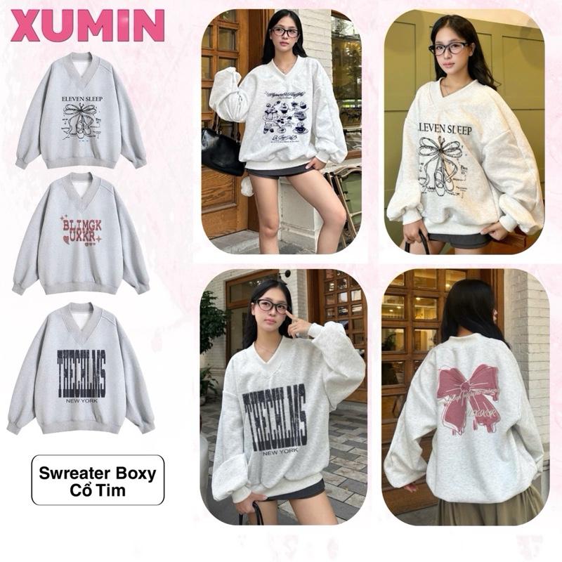   Deal Mở Bán  Áo Sweater Dáng Boxy Lửng Cổ Tim To Xu Min Min - Lót Nỉ 2 Da Dày Dặn Không Đổ Lông Dáng Rộng Nam Nữ Unisex Xám Tiêu In Hình  Cổ Tim To  