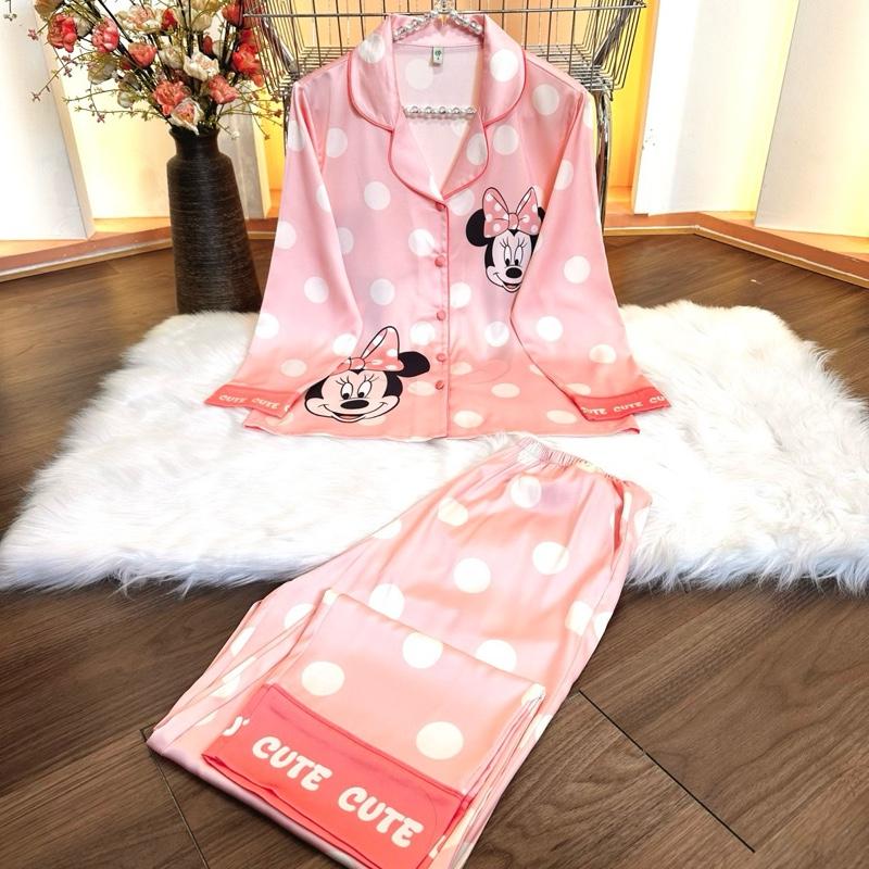 PIJAMA SPK BI HỒNG (45-85kg)-PIJAMA LATIN SPK LỤA MỊN THIẾT KẾ PHỐI HÌNH MICKEY DỄ THƯƠNG, Tay Dài Tay Ngắn, Size 45kg-85kg Women Quần Ngủ Nữ Nhung Nho Voi