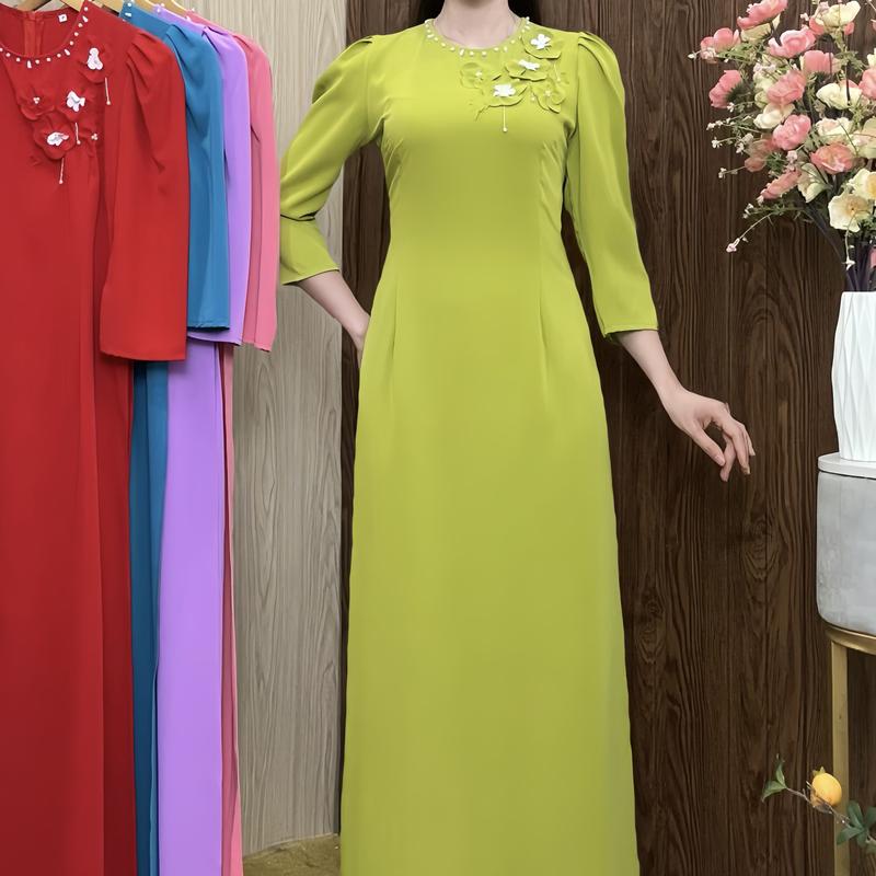 { cả ÁO và QUẦN } bộ áo dài truyền thống cổ tròn tay lỡ kết hợp họa tiết hoa lá, chất vải lụa mềm mịn thoáng mát cho phụ nữ