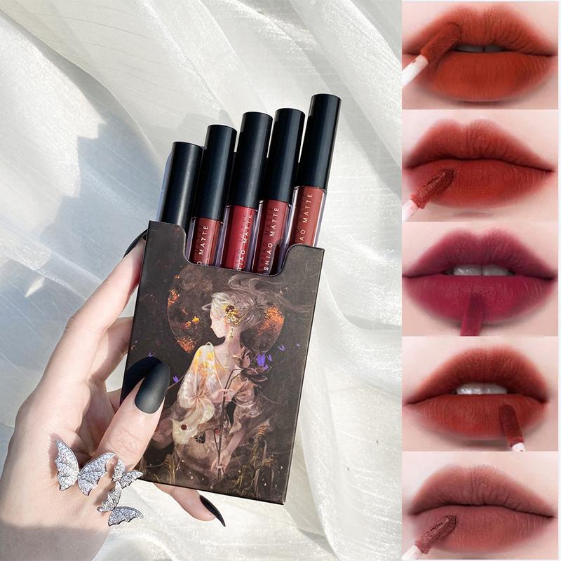【Promo & COD】5Pcs Set Lipstik Matte Tahan Lama, Velvet Matte Liquid Lipstick yang Anti Air dan Tidak Transfer. Tersedia dalam Set Hadiah Lipstik Warna Nude Cokelat dan Set Lipstik Red Velvet. Cocok untuk Wanita dan Gadis.Kosmetik Bibir 4