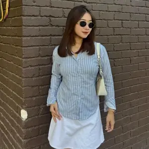 Geize Fitted Shirt Kemeja Slimfit Stripe Wanita Katun Salur Karet