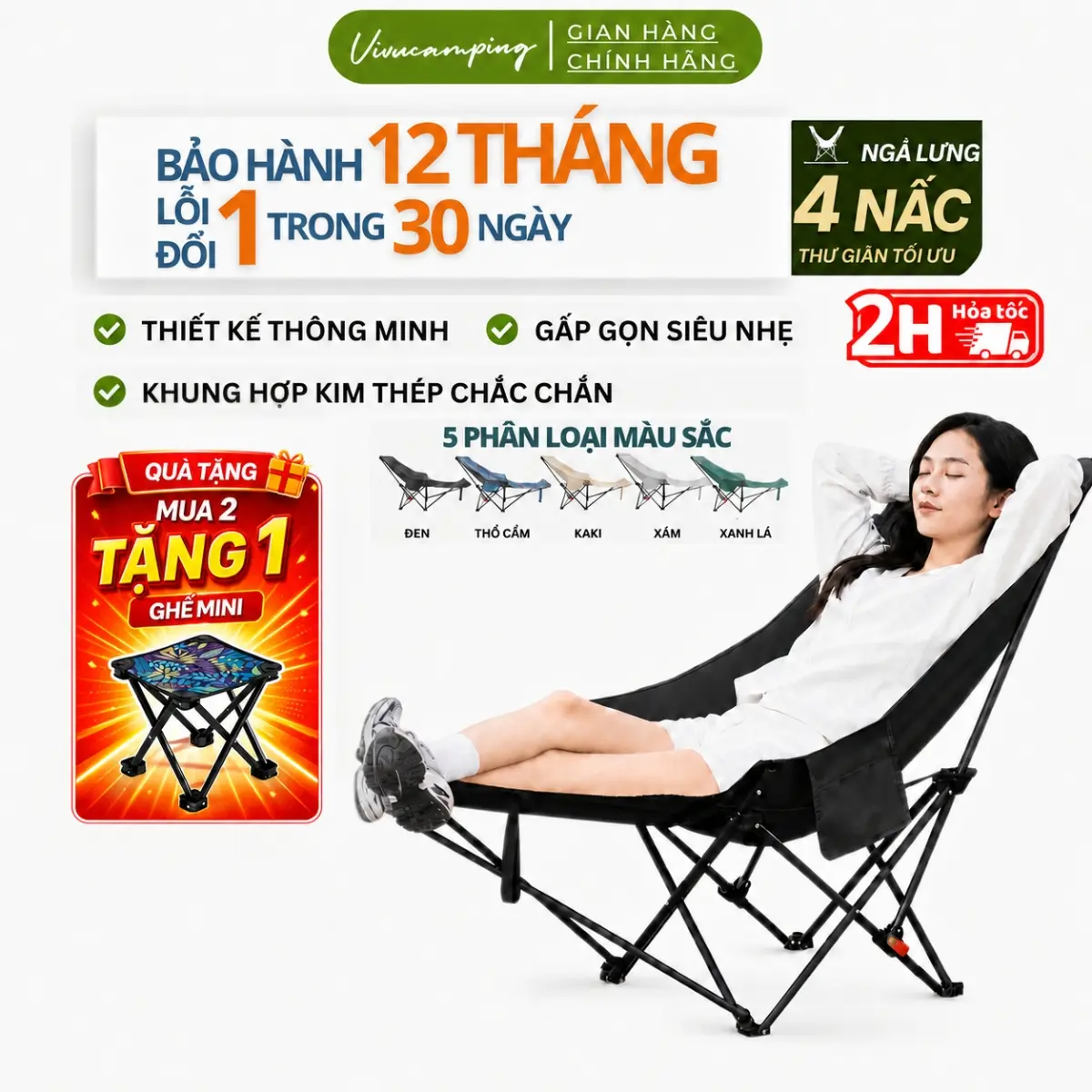 Ghế Camping Xếp Gấp Gọn Câu Cá Dã Ngoại Ngả Lưng Vivucamping Chịu Tải 120kg Hợp Kim Nhôm Vải Oxford 600D 2 Lớp Dày Dặn 30 Ngày Đổi Mới Kèm Gác Chân Thư Giãn Tiện Lợi
