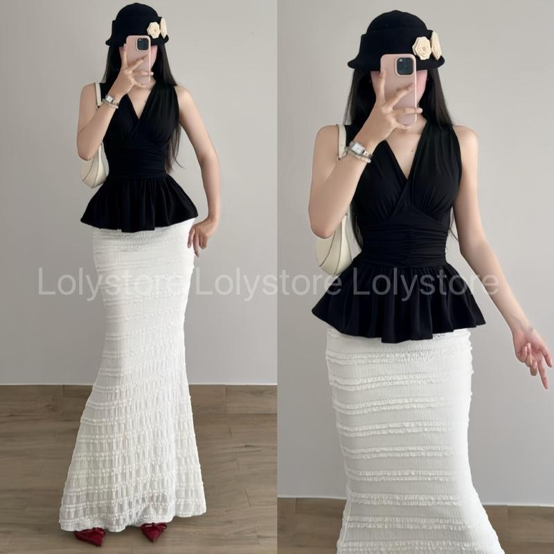  Set áo nữ kiểu cổ chéo chữ V ôm trên xoè dưới phối chân váy đuôi cá dáng xoè nữ tính xinh sang chảnh Lolystore dress women DE317 