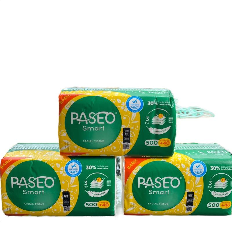 (3 PCS) TISU/TISSUE PASEO FACIAL 540 HELAI 30% LEBIH KUAT & TEBAL 3 PLY TISSUE PER LEMBAR 4