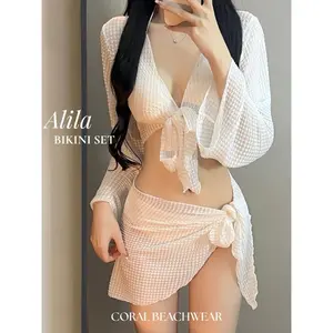 [CORAL] ALILA BIKINI SET 4 PCS WHITE BLACK | BAJU RENANG WANITA BAJU PANTAI BEACHWEAR SWIMWEAR