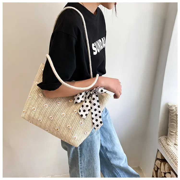 Totebag Kuliah Bahan Anyam Jerami Daisy Dengan Syal Polka Koreain Style Import - BAO158 Anyaman Wanita 2
