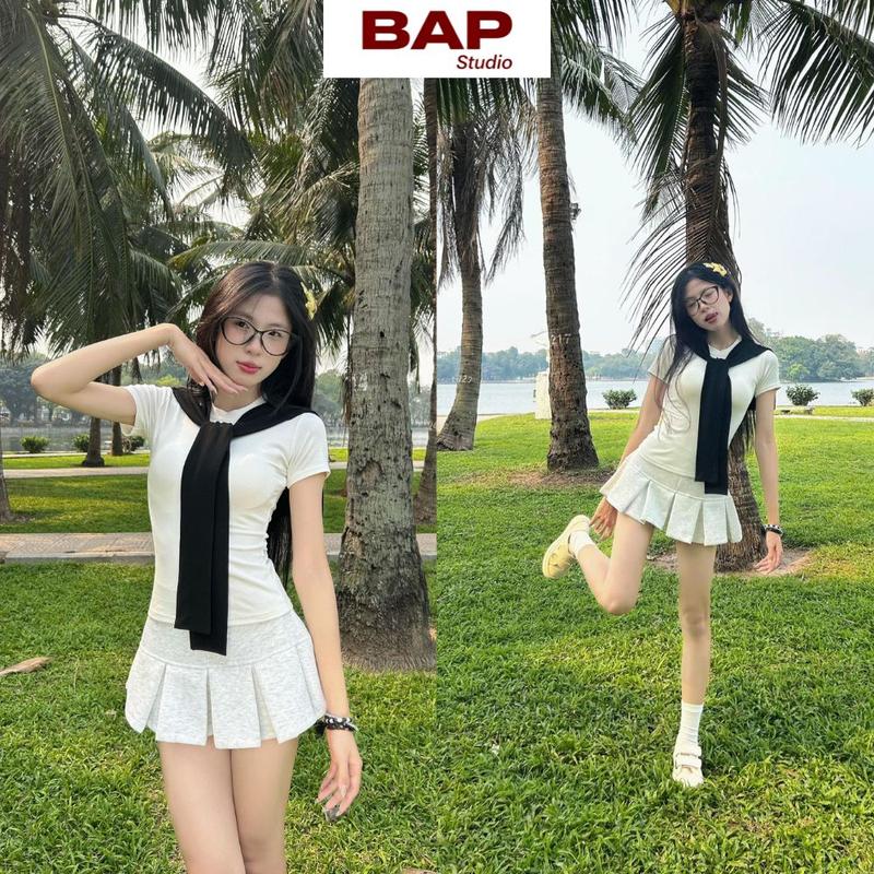  Set 3 món áo thun ôm body cotton chân váy nỉ form xếp ly kèm khăn CB01 BAP STUDIO 