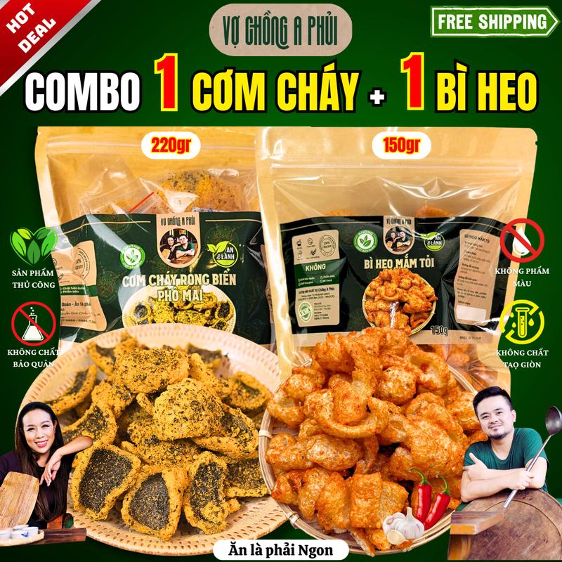   Tặng Kẹp Gắp Mini  Combo Ăn Vặt Đậm Vị – Cơm Cháy Rong Biển 220gr + Bì Heo 150gr Tóp Mỡ 200gr Giòn Rụm   - Vợ Chồng A Phủi - Không Phẩm Màu Không Chất Bảo Quản An Toàn Cho Sức Khỏe khô da anvat gói liền 