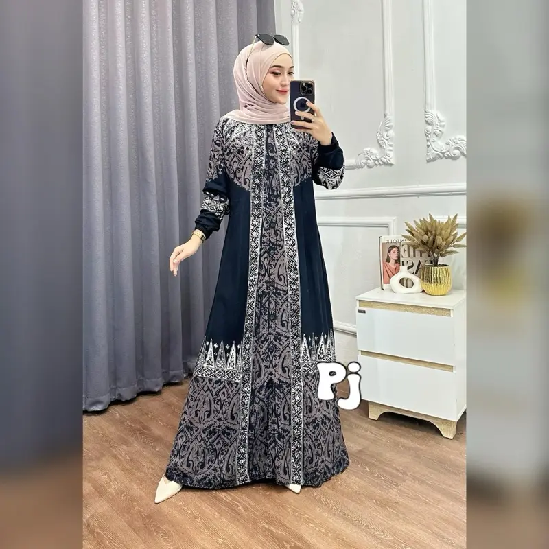 Gamis Batik Cap Bahan Rayon Twill Muslim Gamis Kancing Wanita Cantik