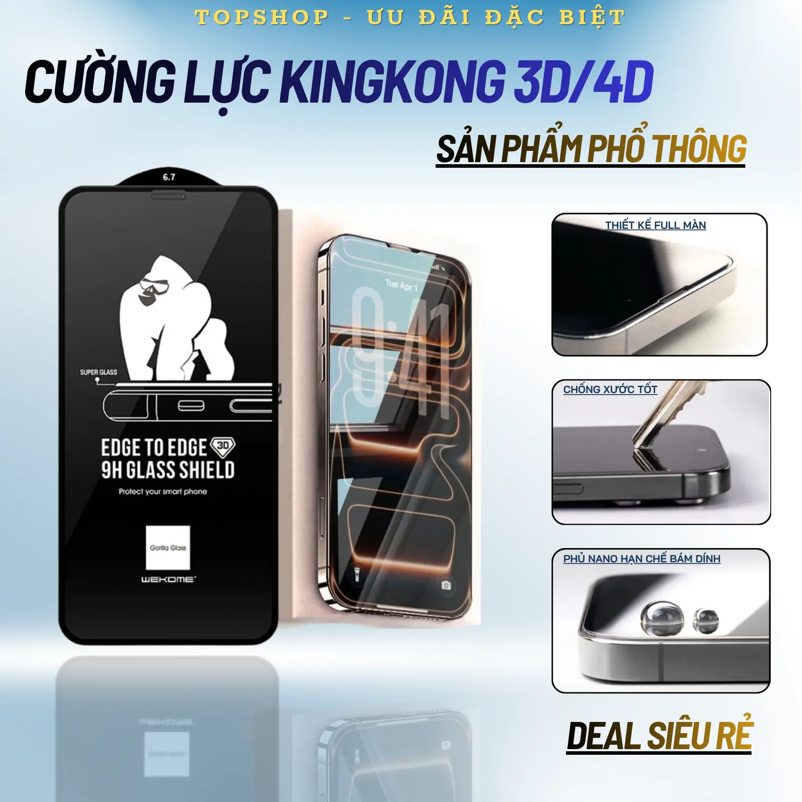 Cường Lực KingKong 3D/4D Full Màn , Phủ Nano Mượt , Độ Cứng 9H ,Dành Cho iPhone 16 Promax 15 Promax 14 Promax 13 Promax 12 Promax 11 Promax X Xs max Xr 11 Pro 7 8 Plus