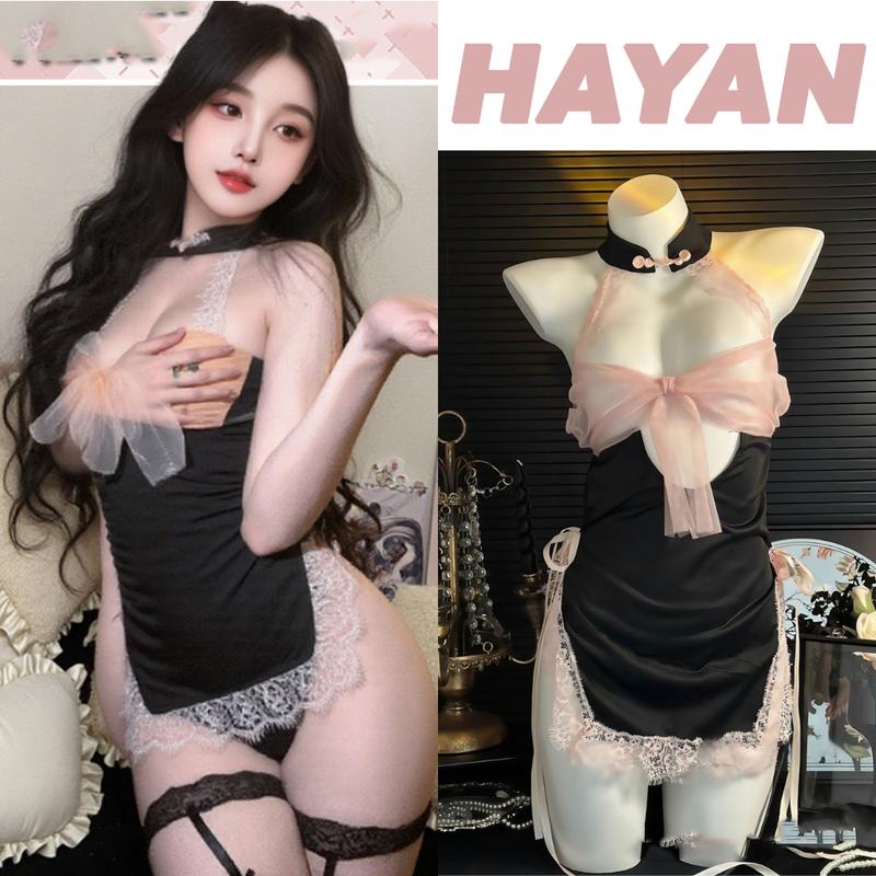 HT560 Váy ngủ sexy cổ yếm đính nơ quyến rũ,Bộ đồ ngủ hoá trang cosplay xẻ hông gợi cảm HT560