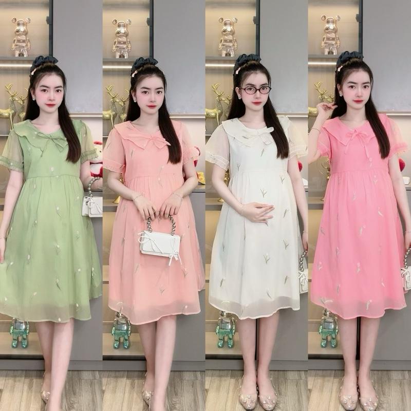 Đầm Bầu Xinh Sang Chảnh, Voan Hoa Thêu Cổ Peter Pan, Dịu Dàng Và Thanh Lịch