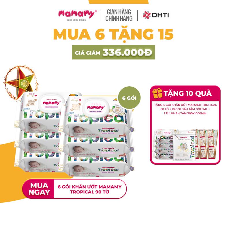 [KOC][MUA 6 TẶNG 15] MUA 6 gói khăn ướt Mamamy Tropical 90 tờ TẶNG 4 gói khăn ướt Mamamy Tropical 60 tờ + 10 gói dầu tắm gội 5ml+1 khăn tắm Mamamy Tropical 700x1000mm