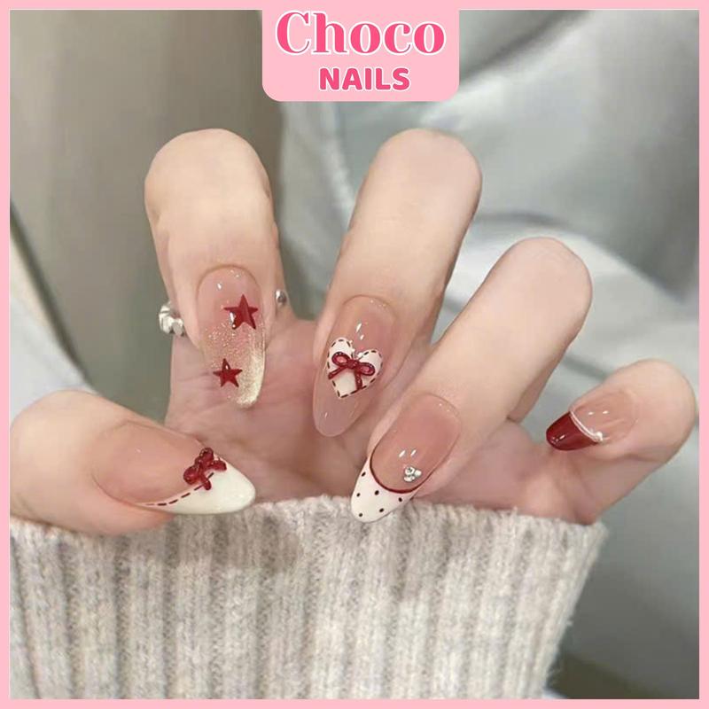 Z1036 CHOCO NAILS- Bộ Nailbox 24 Mó.ng Đủ Size Đính Charm Nơ Form Nhọn Ngắn Mắt Mèo Cực Xinh Cho Nữ Tặng Kèm Phụ Kiện Gắn Món.g
