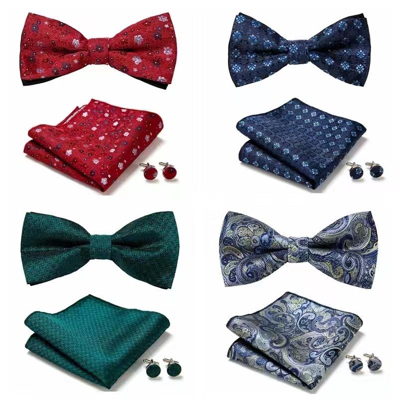 Product Introduction of 10114Men's Bowtie Pocket Square Cufflinks 3pcs Set Groom best man emcee host formal suit trendy bow tie suit 6