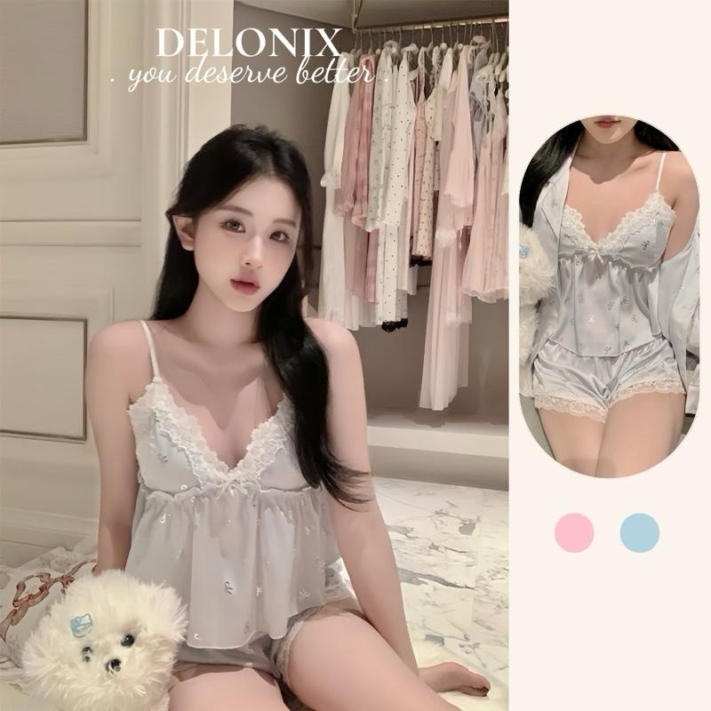 B09 Bộ đồ ngủ lụa nơ nhí ngọt ngào phối ren đuôi 2 dây tôn dáng tiểu thư sang chảnh chuẩn hàng Quảng Châu Cao Cấp nữ Women Quần Ngủ