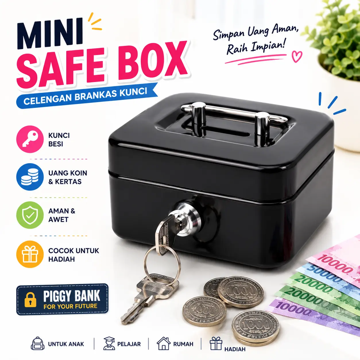 Piggy Bank Brankas Mini Celengan Kotak Home Safe Deposit Box Brankas Uang Coin Celengan Box Safe Bank Saving Box Brankas Besi Mini Safe Deposit Box Digital Kotak Brankas Mini Box Tempat Uang Perhiasan Emas Gelang Kalung Cincin