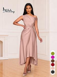 Vestido Aliling de verano elegante para mujer, color sólido, hombros asimétricos, pliegues y abertura en el bajo, vestido largo versátil y a la moda, sin mangas, estilo ajustado