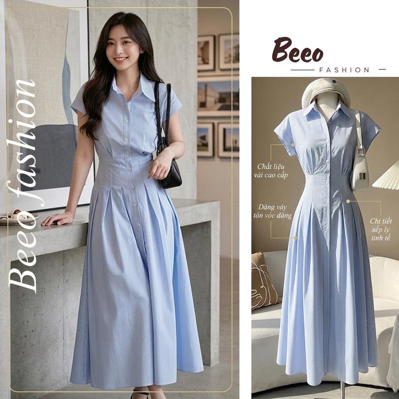 Váy Sơ Mi Sọc Xanh Beeo Fashion – Đầm Xòe Dài Chiết Eo Thanh Lịch S23