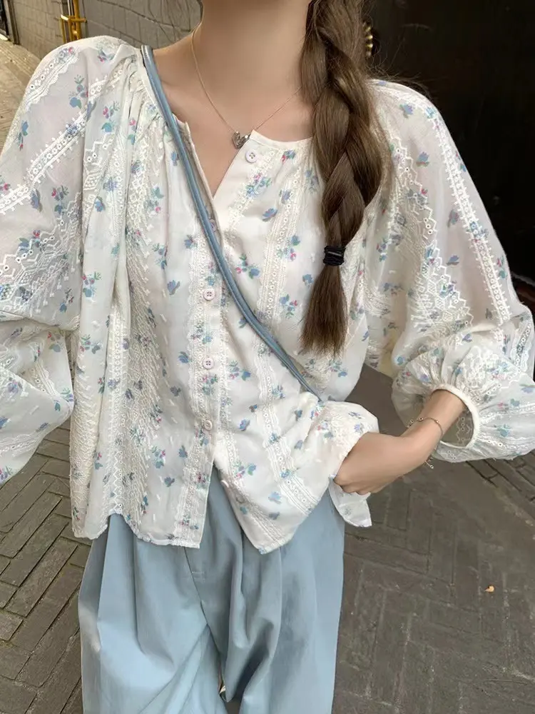 [NALA]Blouse bunga putih Korean Style lengan panjang hijab Wanita Atasan Baju Top Motif Casual Crop