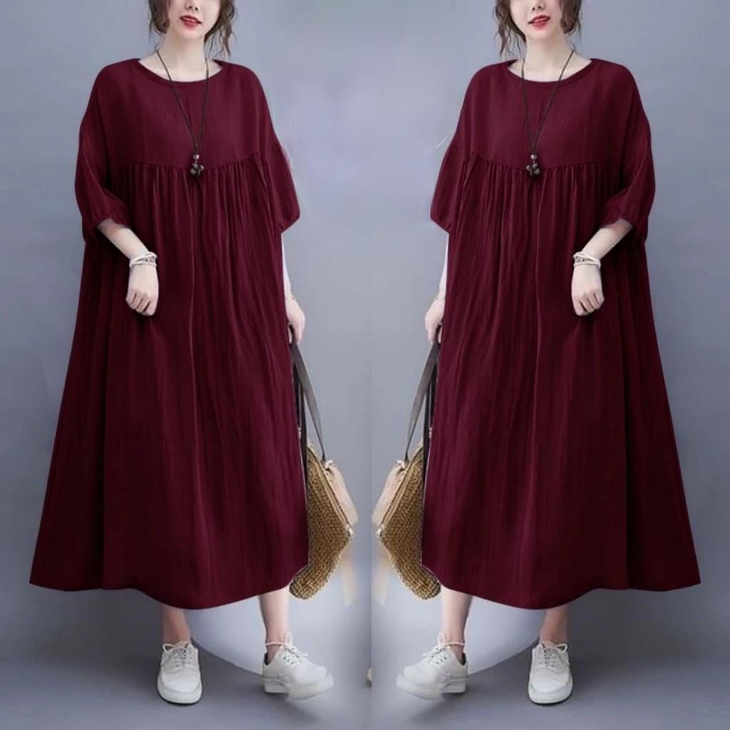 Davina Dress Jumbo Rayon remium lengan karet 7/4 dress midi oversize korean style Casual Wanita Nyaman Basic Katun Gaun Panjang Formal