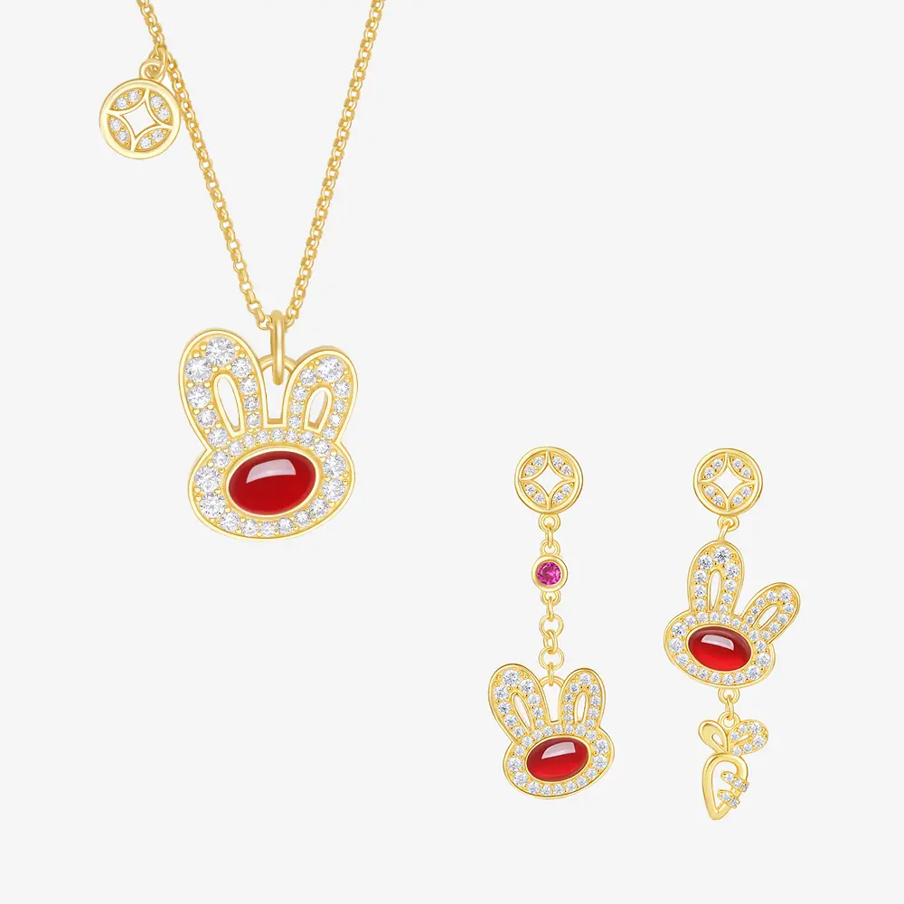 【Chow Tai Seng Jewellery】Silver S925 Happy Bunny & Red Agate Coin Rabbit Jewelry Set