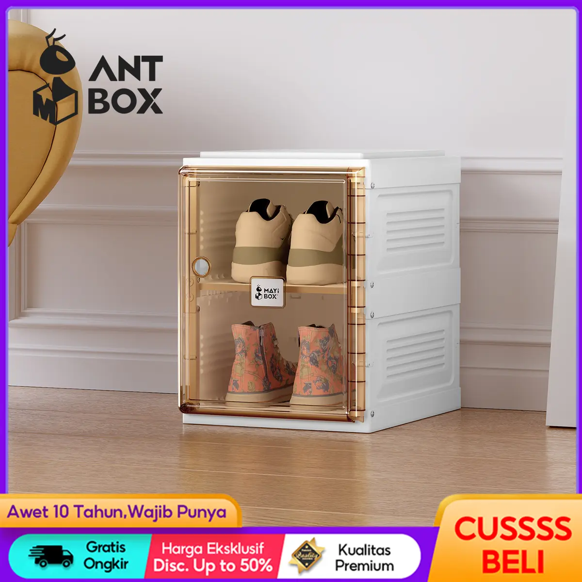 【ANTBOX】Rak Sepatu 1 Kotak Muat 2 pasang bahan Plastik PP Transparan Two Colour bahan Akrilik Tebal dan Serbaguna Anti Debu Storage Penyimpanan Sepatu Estetik - Muat Banyak - Mudah Dibongkar Pasang Display Shoes Organizer Box Sepatu Susun Jumbo Vertikal