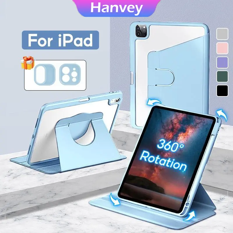 [Hanvey] Vỏ iPad xoay 360°, Vỏ iPad Air 6/5/4, iPad Pro 11 inch, iPad thế hệ thứ 10, 9, 8, 7, iPad Mini 6, iPad 10.2 inch, iPad 10.9 inch, iPad 8.3 inch - Có chỗ để Apple Pencil, Trong suốt, Chống sốc, Bao phủ bảo vệ toàn diện 360° cho máy tính bảng.