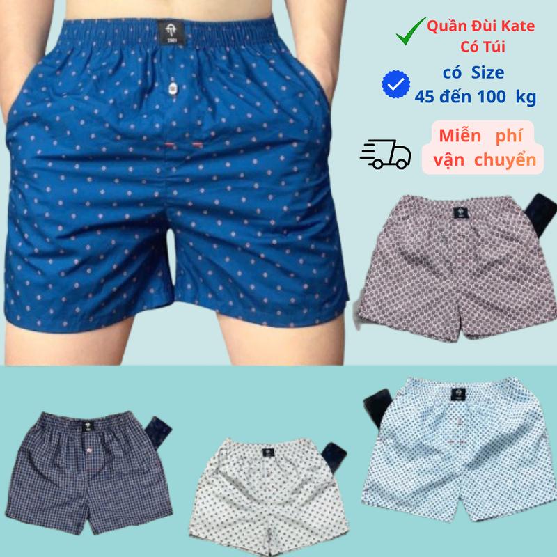  Quần Short Nam Quần Đùi Kate Cotton Có Túi 2 Bên Cúc Cài Phía Trước Thoáng Mát Size 45-100kg Mặc Ngủ Mặc Nhà Mùa Hè 