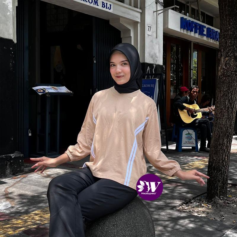 Kaos Blouse Strip Samping  Atasan Wanita Terbaru Sporty Lengan Panjang Karet Katun Kombed Premium Casual 5