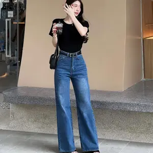 Celana baggy retro jeans Wanita Panjang jins Hitam Biru