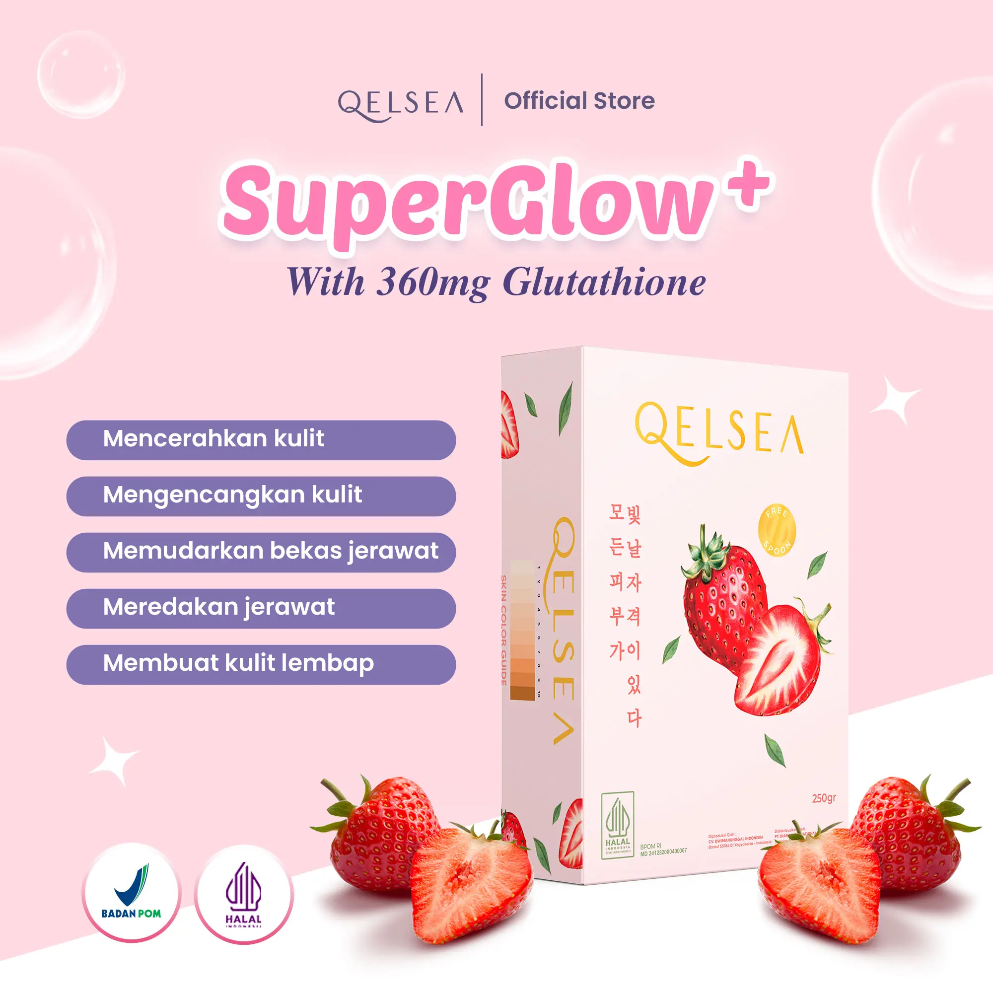 [ BOX 1 Pcs ] Qelsea SuperGlow+ 250g Minuman Serbuk Rasa Stoberi Mencerahkan Pencerah