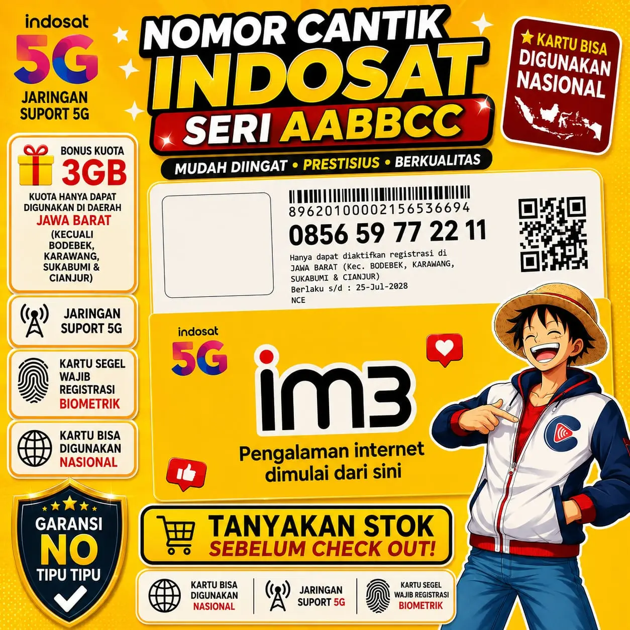 Nomor Cantik IM3 Seri AA BB CC Premium - Nomor Cantik Indosat AA BB CC Murah Rapi - Kartu Perdana Cantik Indosat Bonus Kuota 3GB