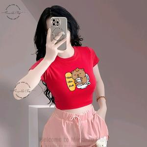 Áo Thun Croptop Basic Form Ôm Body Nữ Cổ Tròn Tay Ngắn In Hình "Capybara Style Thiếu Chữa Lành", Kích Cở S M L, Women Sò Sen Hoa Sen Dáng Ngắn Thun