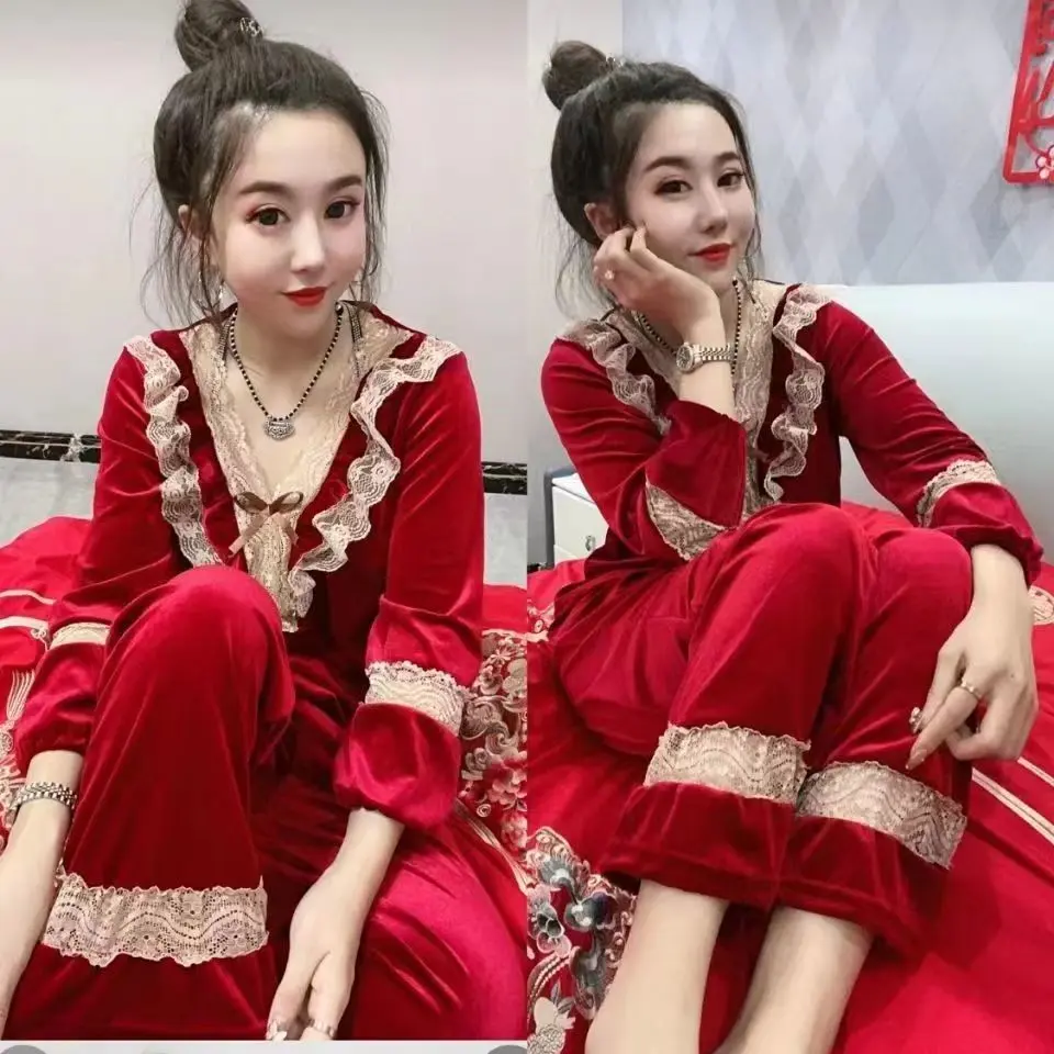 Bộ Đồ Ngủ Mùa Thu Và Mùa Đông Mới Cho Nữ, Bộ Đồ Nhung Vàng, Rộng Rãi, Ren Thời Trang Và Gợi Cảm, Cỡ Lớn, Phong Cách Hàn Quốc, Đồ Mặc Nhà Người Nổi Tiếng Trên Internet