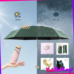 COD YBL Payung Lipat Kapsul Anti UV UPF 50+ Free Pouch Motif Polos Folding Umbrella Ultra Violet Payung Tabir Surya Hujan atau Panas BELI LOKAL Material Vinly Anti UV Rangka Aluminium Steel Ukuran 19Cm Dilengkapi Lapisan Hitam Anti Air