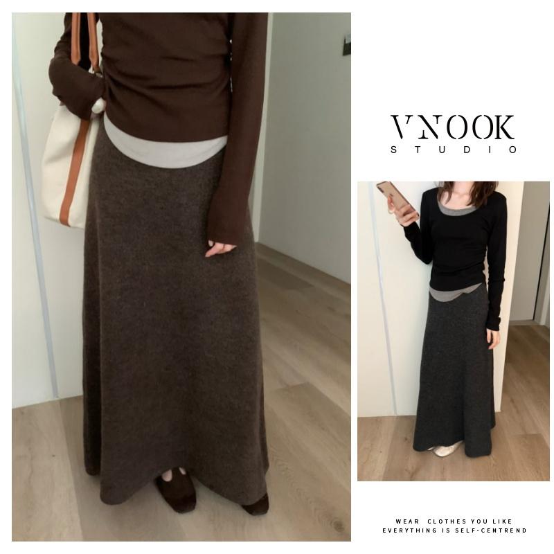 【VNOOK Chân váy midi phong cách thu đông mới chân váy len dài cạp cao dáng chữ A thoải mái cho nữ