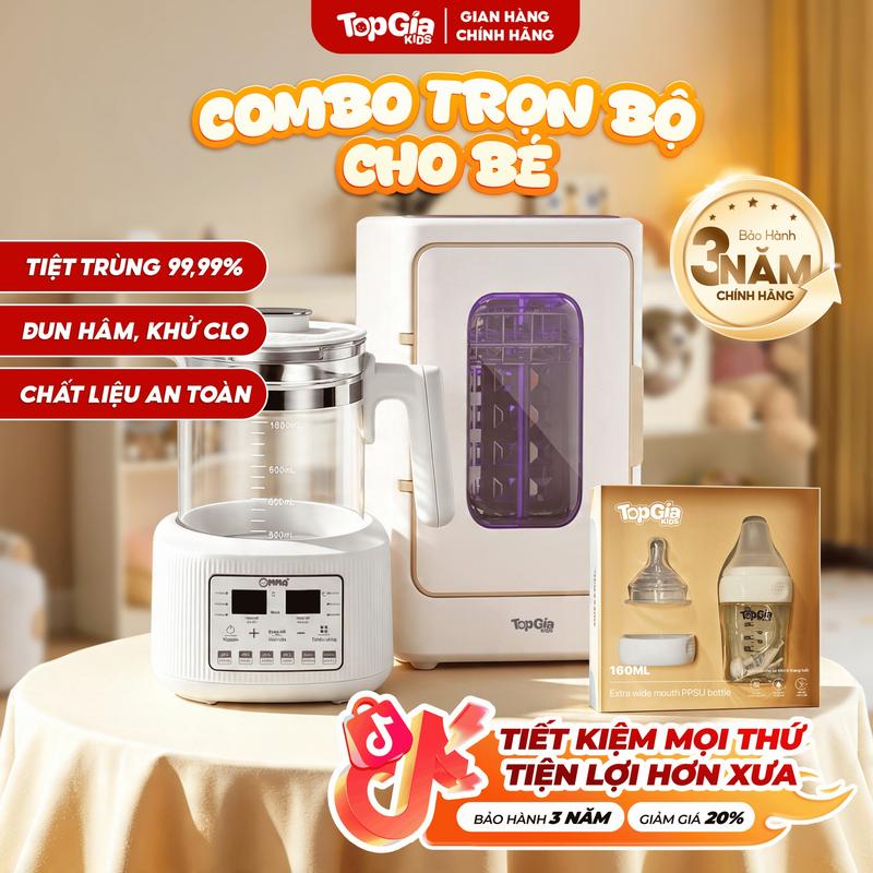 (TRỌN BỘ CHO BÉ) Máy tiệt trùng UVC TOPGIAKIDS T18, Máy đun nước M26 & Bình Sữa PPSU 160ml, Tiệt Trùng UVC, Sấy Khô, Đun Nước, Hâm Sữa, Giữ Ấm ,BH 3 Năm, LỖI 1 ĐỔI 1 TRONG 30 NGÀY