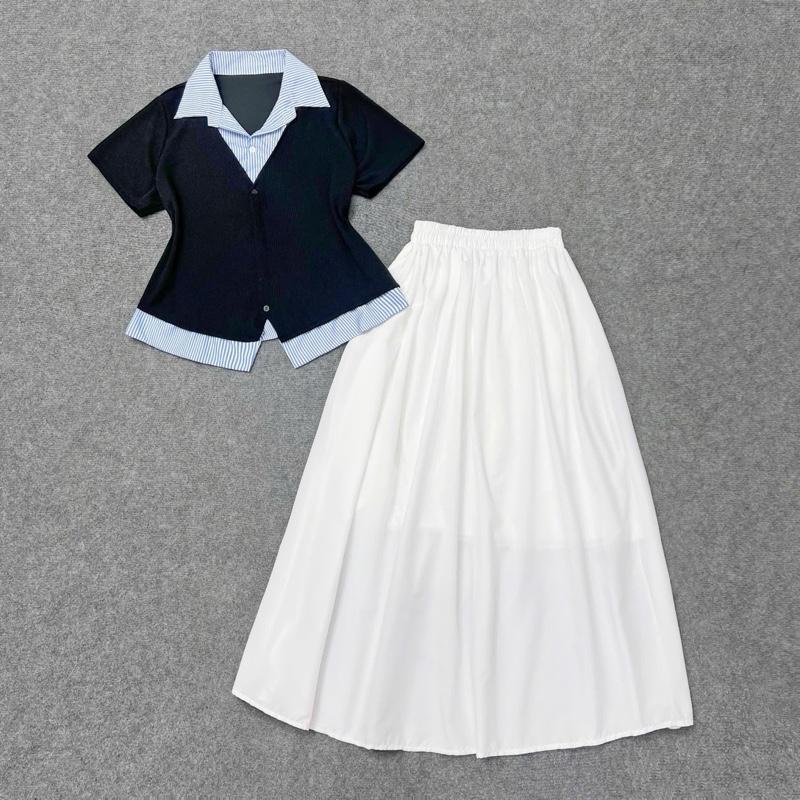 Set Bigsize Nữ Nàng Thơ (CÓ LẺ Áo/Váy), Set Bigsize Bao Gồm Áo Kiểu Sơ Mi Cổ Đức Thiết Kế Phối Ghi-le Vải Tăm QC Mát Mix Váy Dài Nàng Thơ Phong Cách Dịu Dàng (55-95Kg)- SM185/ CV15