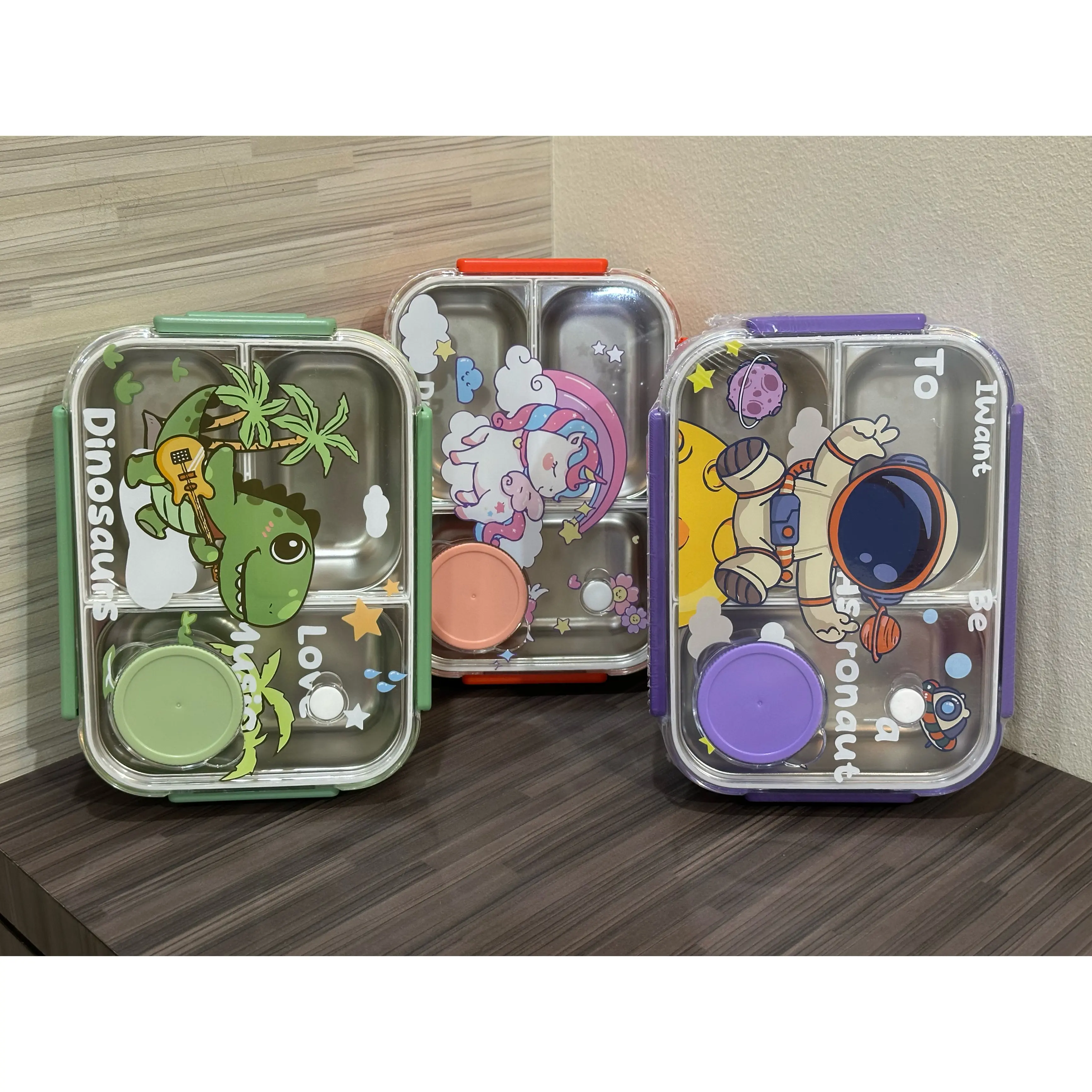 ￼Kotak makan stainless steel 304 anti tumpah 3 sekat Lunch box Set Unicorn Dino Bekal anak